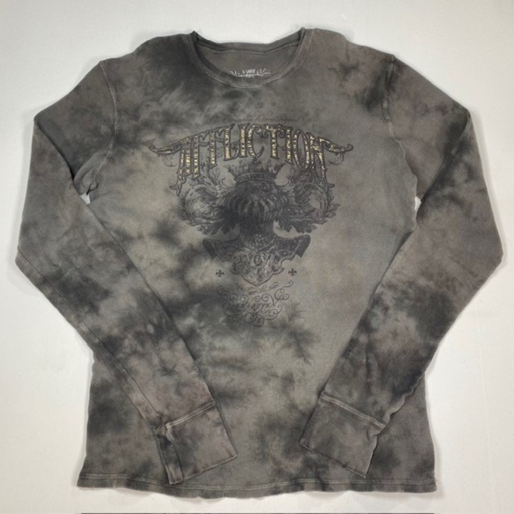 Affliction Mens XL Grey Tie Dye Graphic Thermal Long Sleeve Waffle Knit Shirt US